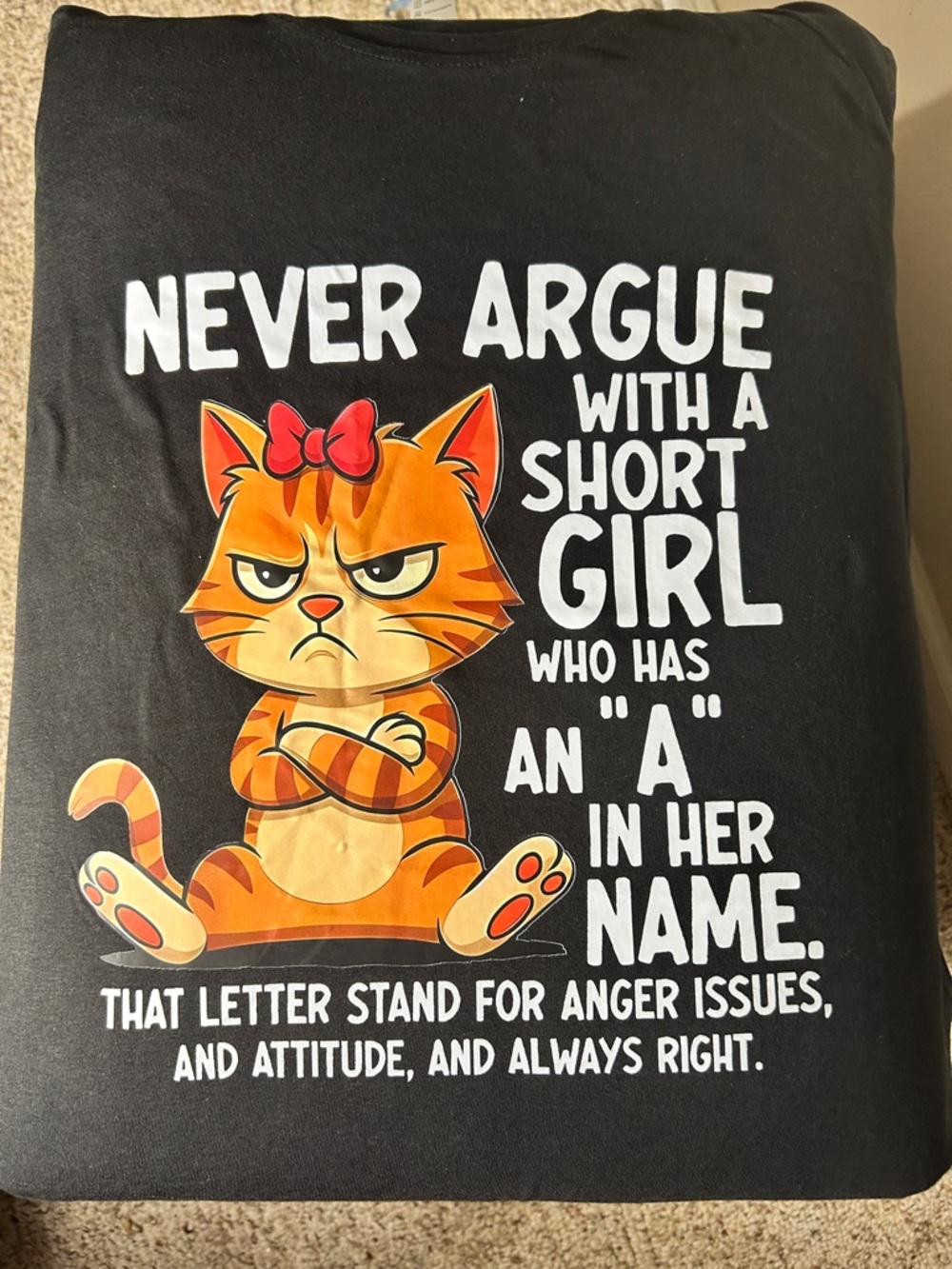 Yumiko Black Short Sleeve Tee with Orange Cartoon Cat Graphic